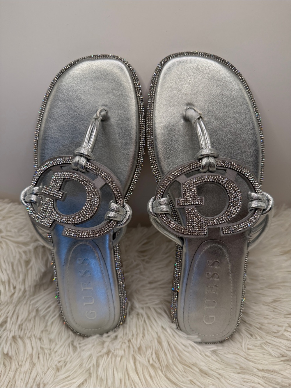 GUESS Silver Embellished Logo Thong Sandals